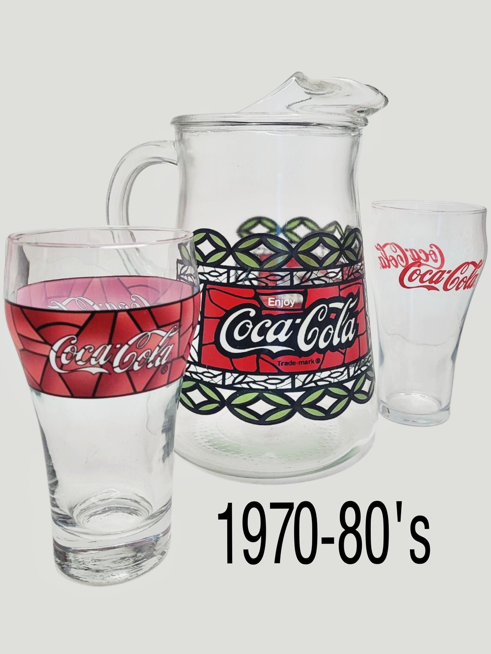 Vintage Coca Cola Red Tiffany Stained Glass Pitcher & 2 Tumbler Set -